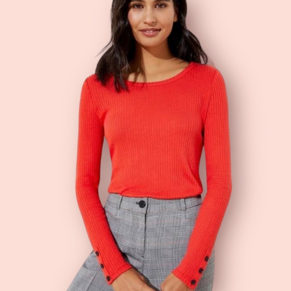 LOFT Ribbed Button Cuff Long Sleeve Top Flamenco Red Sz S